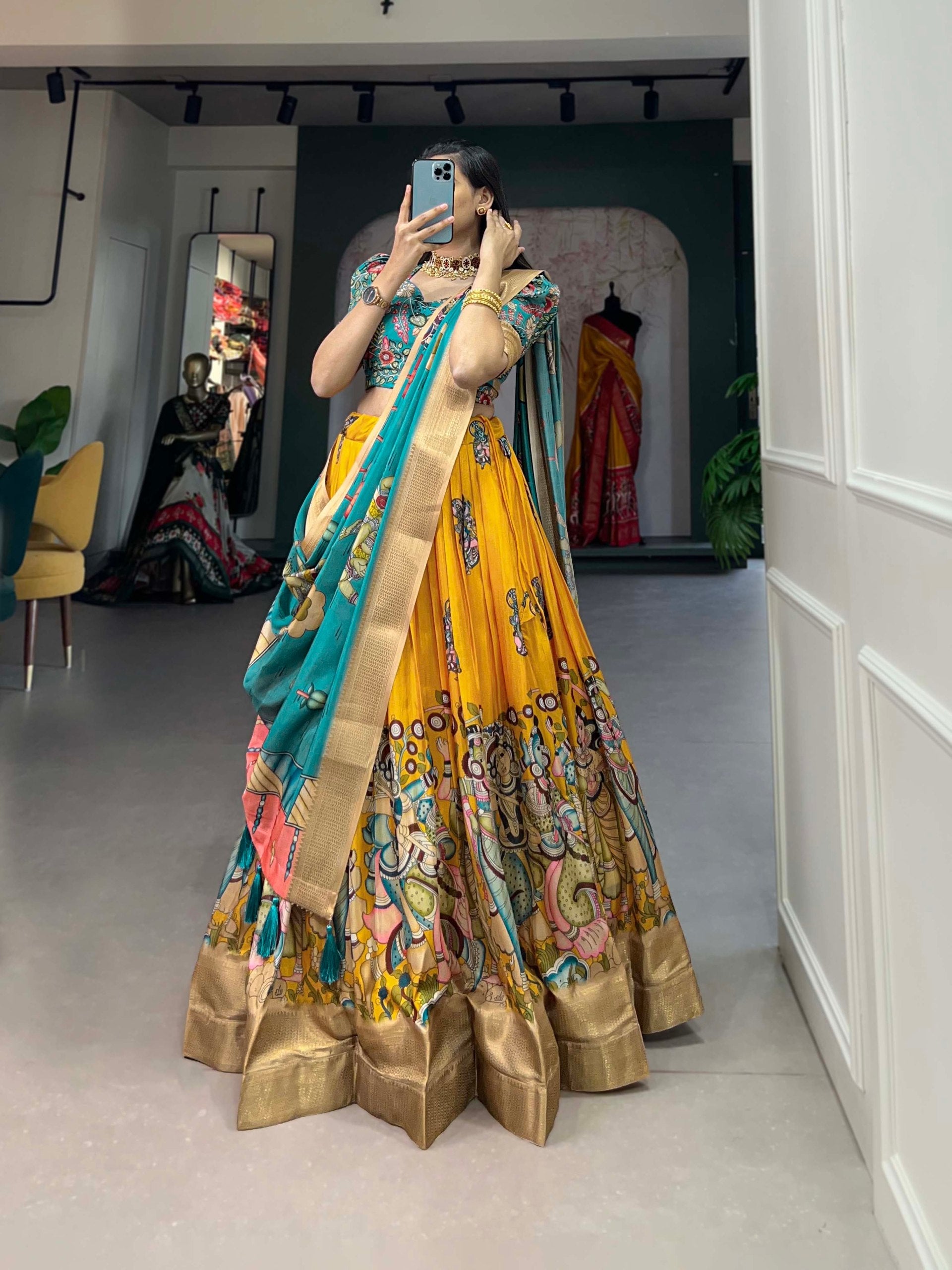 Enchanting Yellow Dola Silk Lehenga Choli with Kalamkari Print