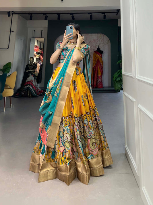 Enchanting Yellow Dola Silk Lehenga Choli with Kalamkari Print