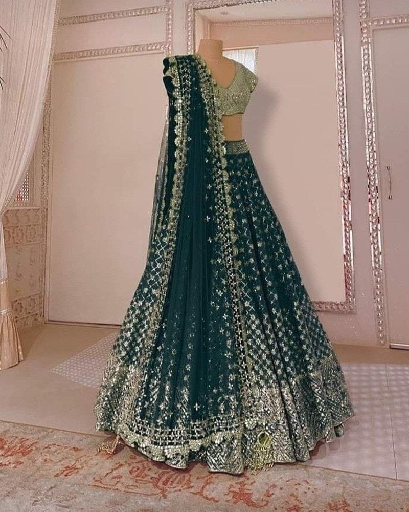 Enthralling Faux Georgette Green Lehenga Choli Set with Jari, Sequence & Paper Mirror Work