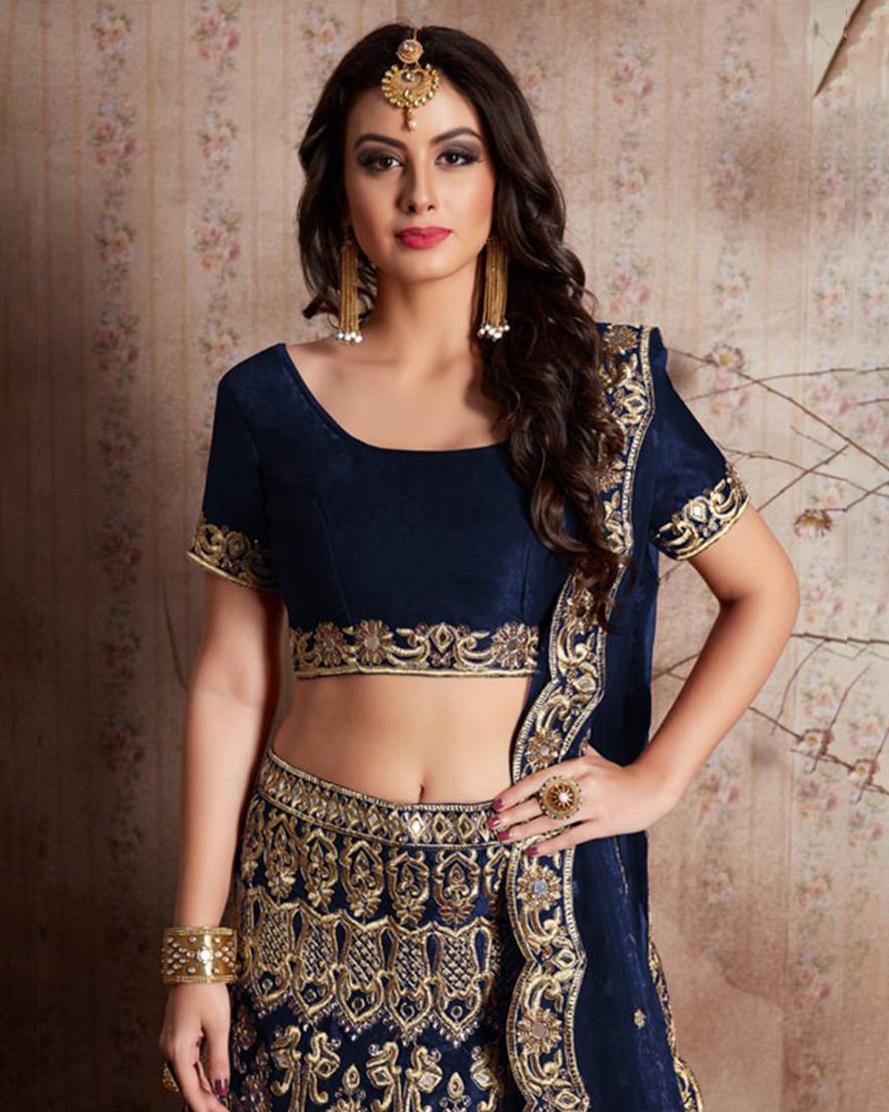 Enthralling Velvet Silk Royal Blue Lehenga Choli Set with Jari-Dori Embroidery