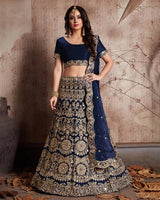 Enthralling Velvet Silk Royal Blue Lehenga Choli Set with Jari-Dori Embroidery