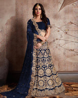 Enthralling Velvet Silk Royal Blue Lehenga Choli Set with Jari-Dori Embroidery