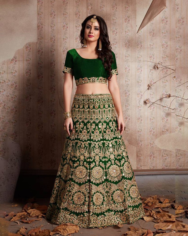 Enthralling Velvet Silk Green Lehenga Choli Set with Jari-Dori Embroidery