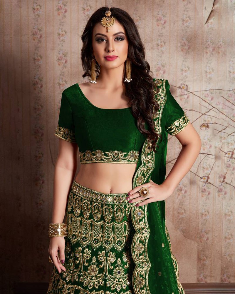 Enthralling Velvet Silk Green Lehenga Choli Set with Jari-Dori Embroidery