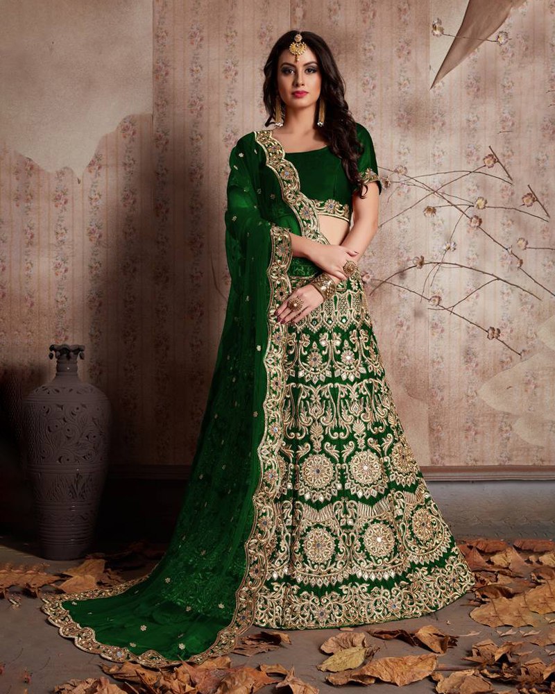 Enthralling Velvet Silk Green Lehenga Choli Set with Jari-Dori Embroidery