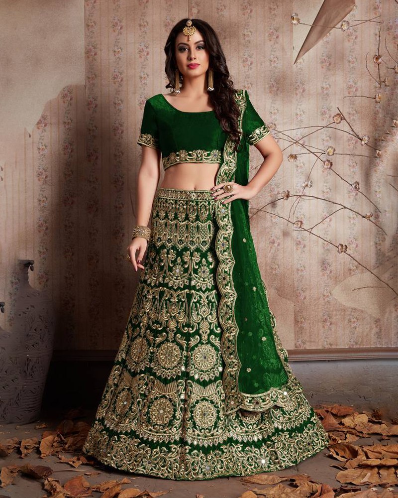 Enthralling Velvet Silk Green Lehenga Choli Set with Jari-Dori Embroidery