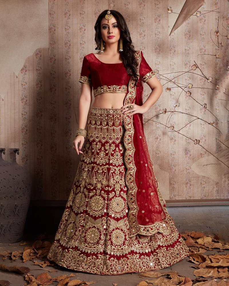 Enthralling Velvet Silk Maroon Lehenga Choli Set with Jari-Dori Embroidery