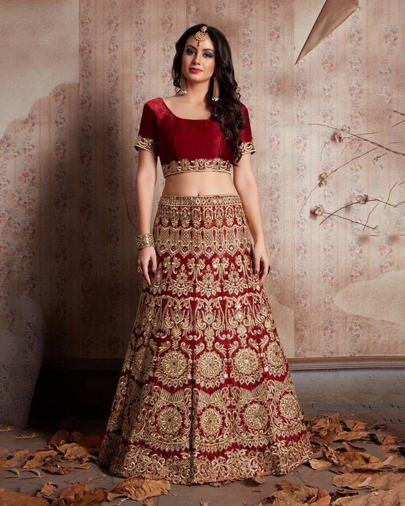 Enthralling Velvet Silk Maroon Lehenga Choli Set with Jari-Dori Embroidery