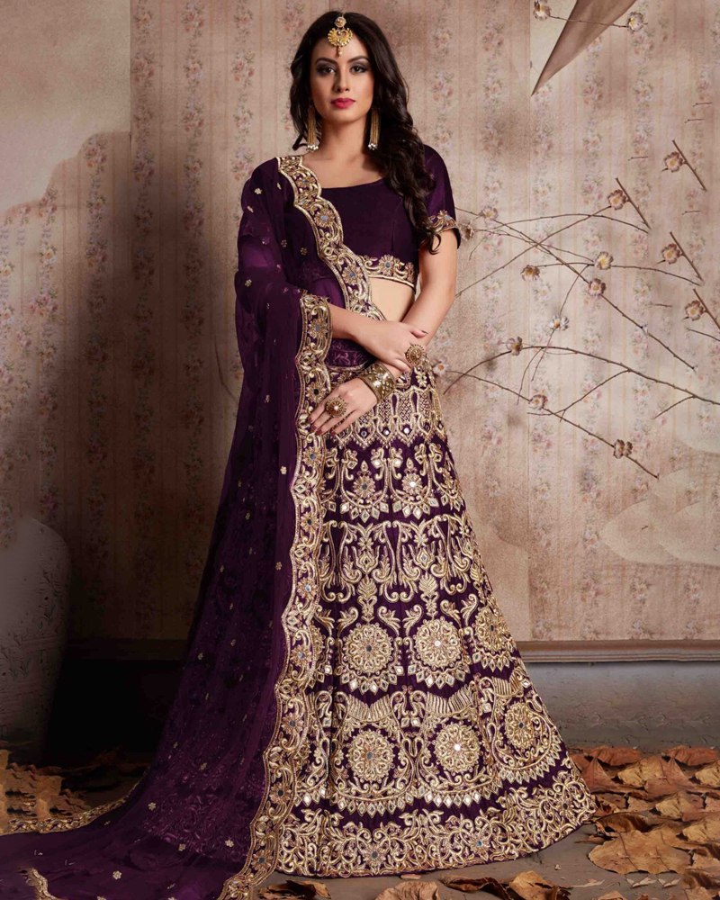 Enthralling Velvet Silk Wine Lehenga Choli Set with Jari-Dori Embroidery