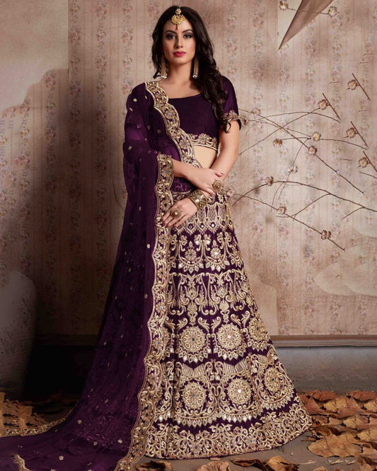 Enthralling Velvet Silk Wine Lehenga Choli Set with Jari-Dori Embroidery