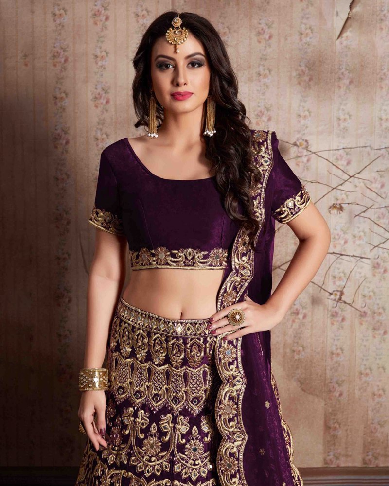 Enthralling Velvet Silk Wine Lehenga Choli Set with Jari-Dori Embroidery