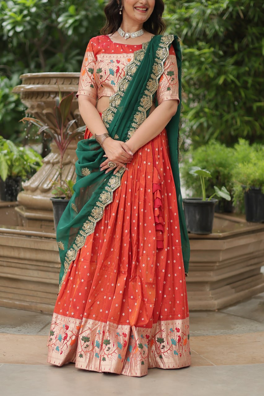 Orange Jequard Lehenga Choli with Russian Silk Embroidered Dupatta
