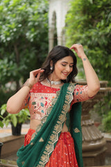 Orange Jequard Lehenga Choli with Russian Silk Embroidered Dupatta