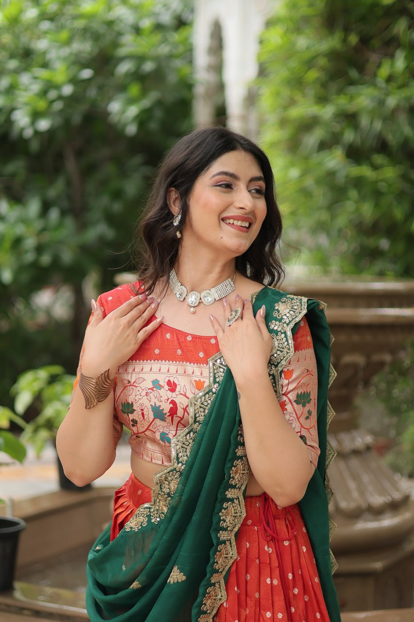 Orange Jequard Lehenga Choli with Russian Silk Embroidered Dupatta