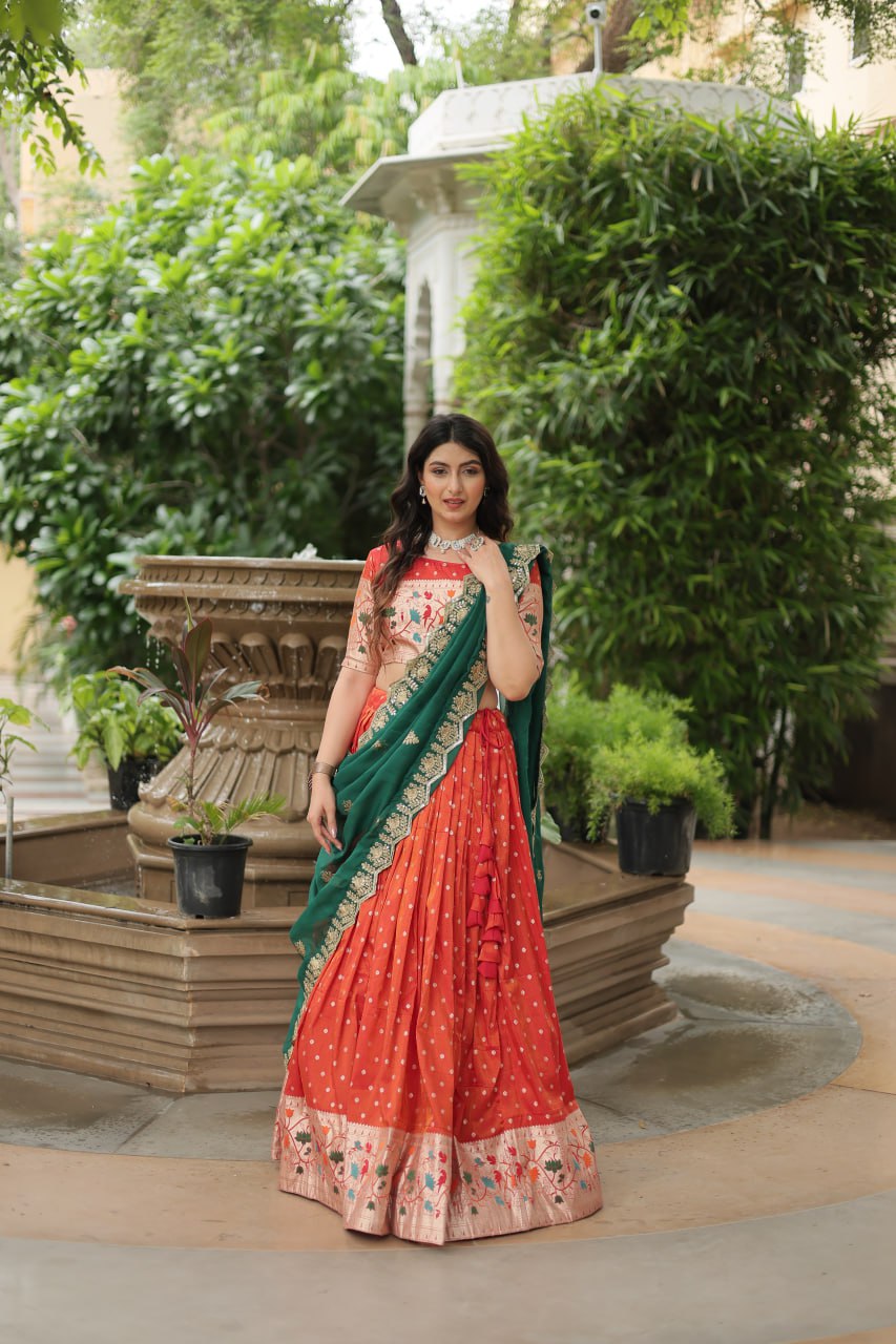Orange Jequard Lehenga Choli with Russian Silk Embroidered Dupatta