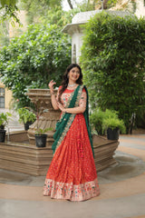 Orange Jequard Lehenga Choli with Russian Silk Embroidered Dupatta