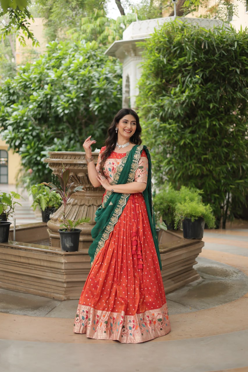 Orange Jequard Lehenga Choli with Russian Silk Embroidered Dupatta