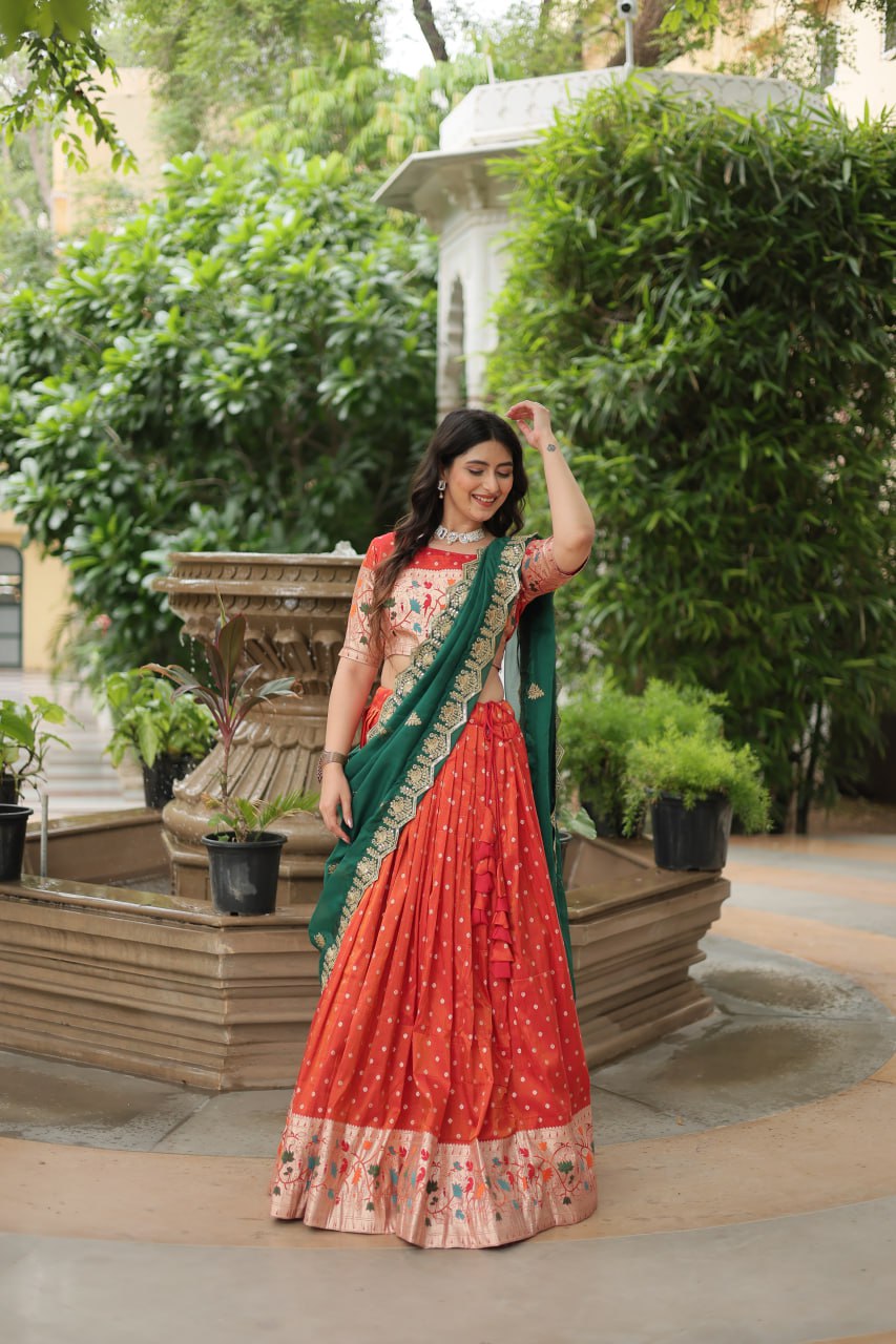 Orange Jequard Lehenga Choli with Russian Silk Embroidered Dupatta