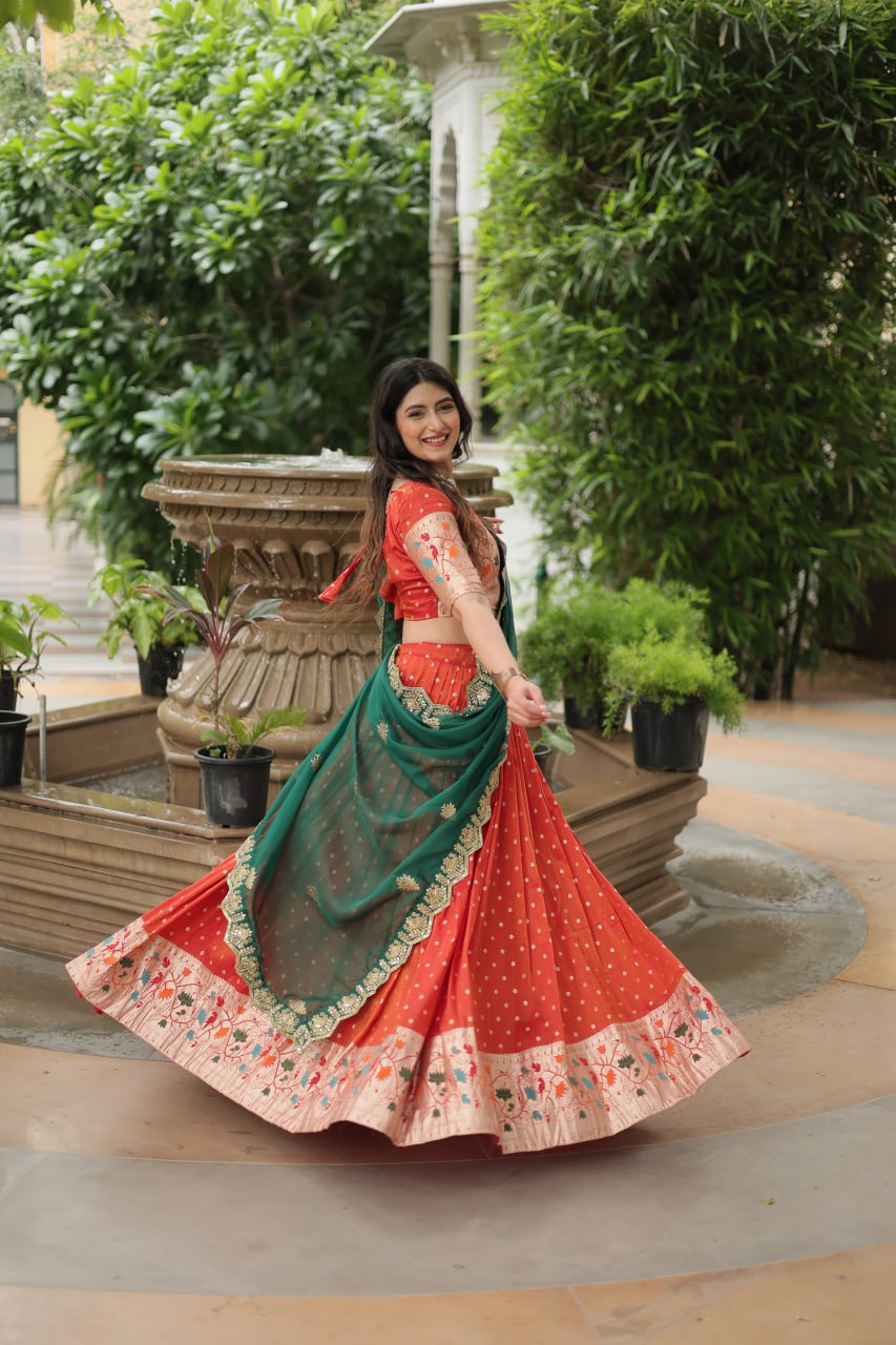 Orange Jequard Lehenga Choli with Russian Silk Embroidered Dupatta