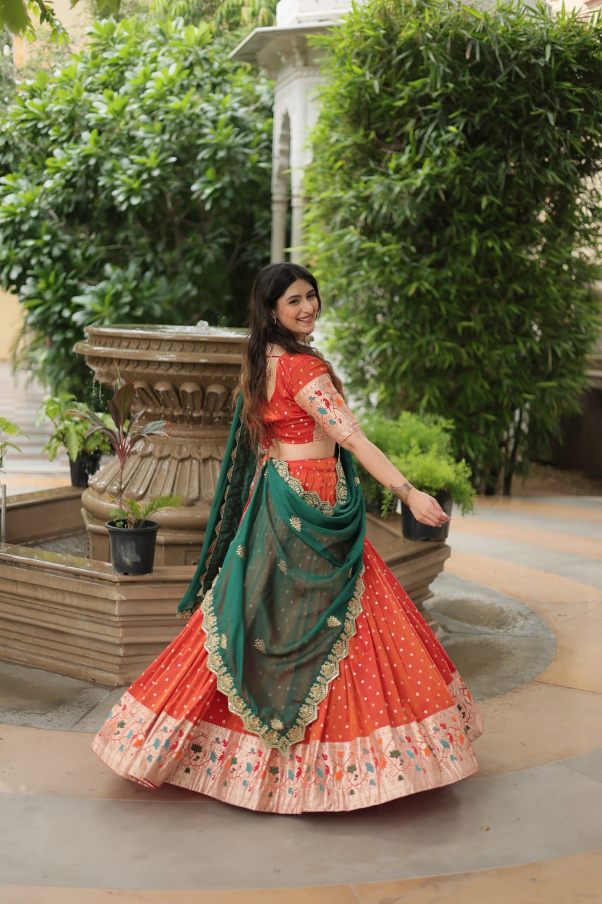 Orange Jequard Lehenga Choli with Russian Silk Embroidered Dupatta