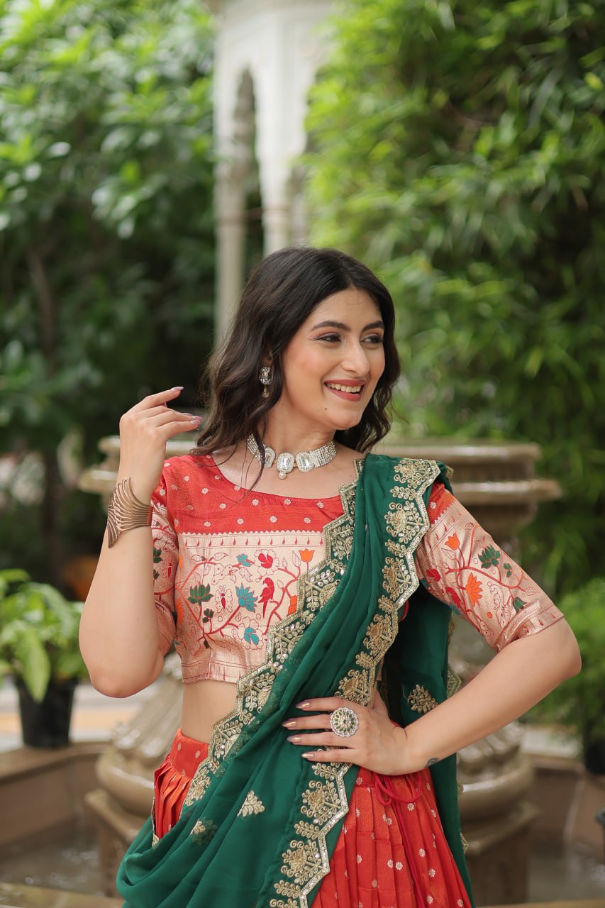 Orange Jequard Lehenga Choli with Russian Silk Embroidered Dupatta