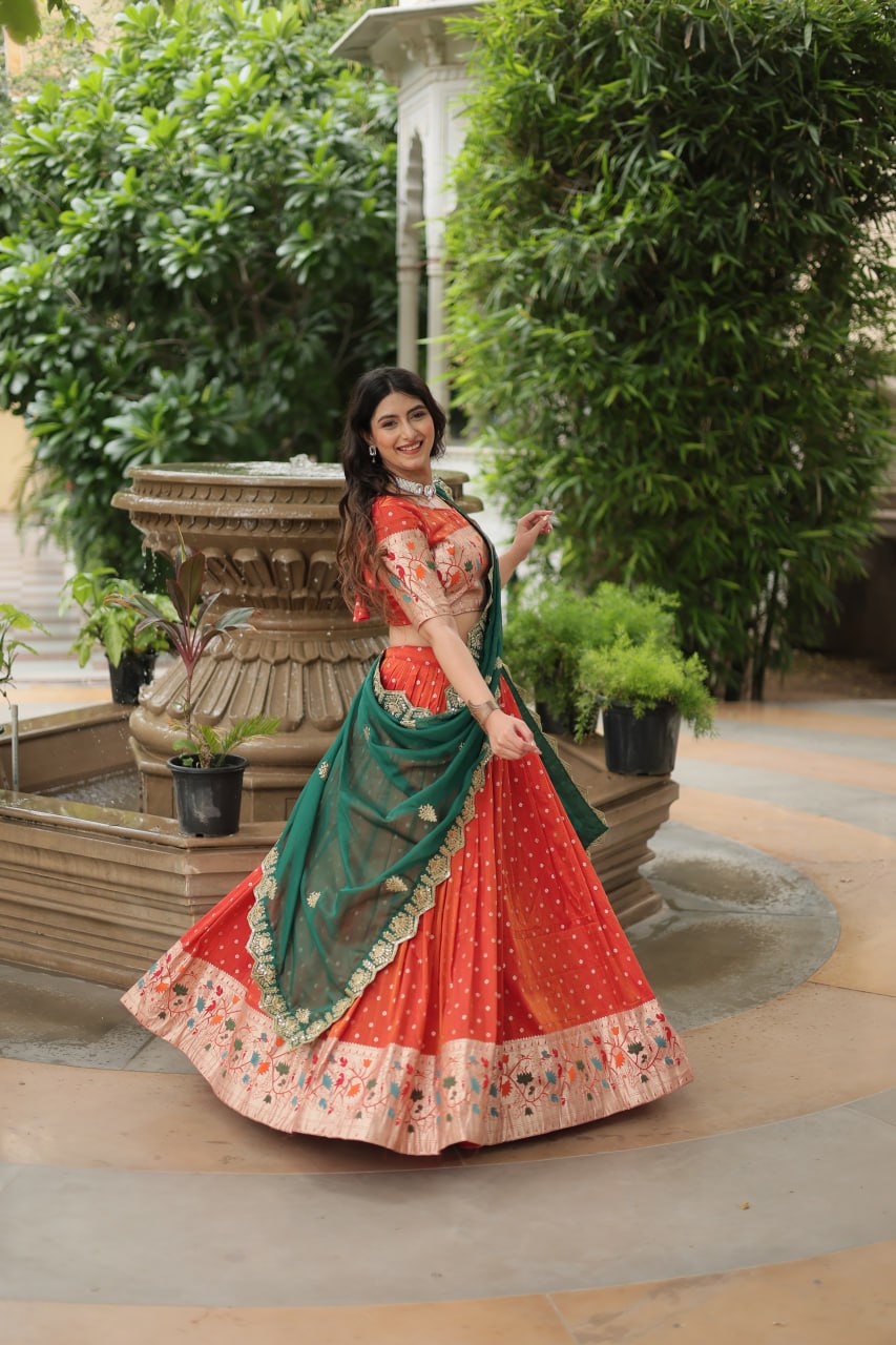 Orange Jequard Lehenga Choli with Russian Silk Embroidered Dupatta