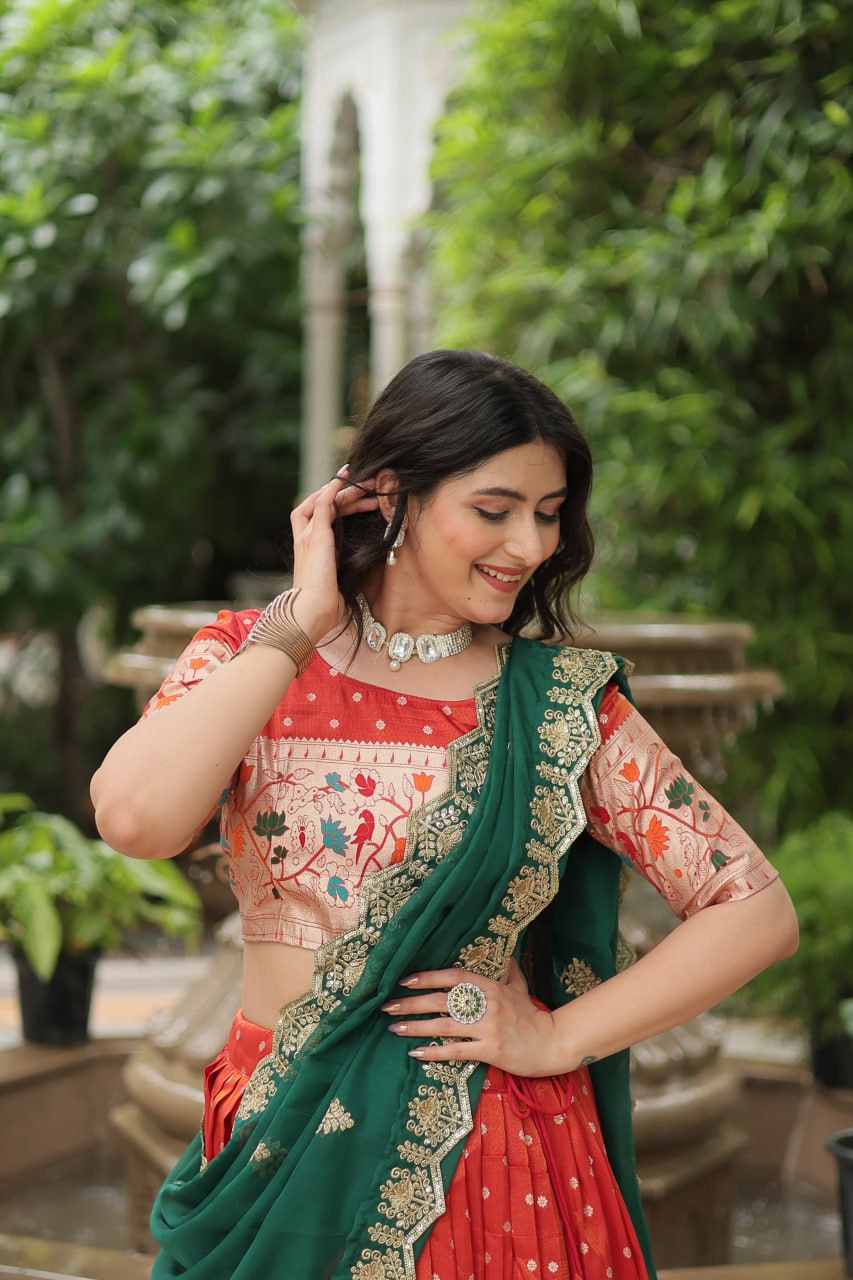 Orange Jequard Lehenga Choli with Russian Silk Embroidered Dupatta