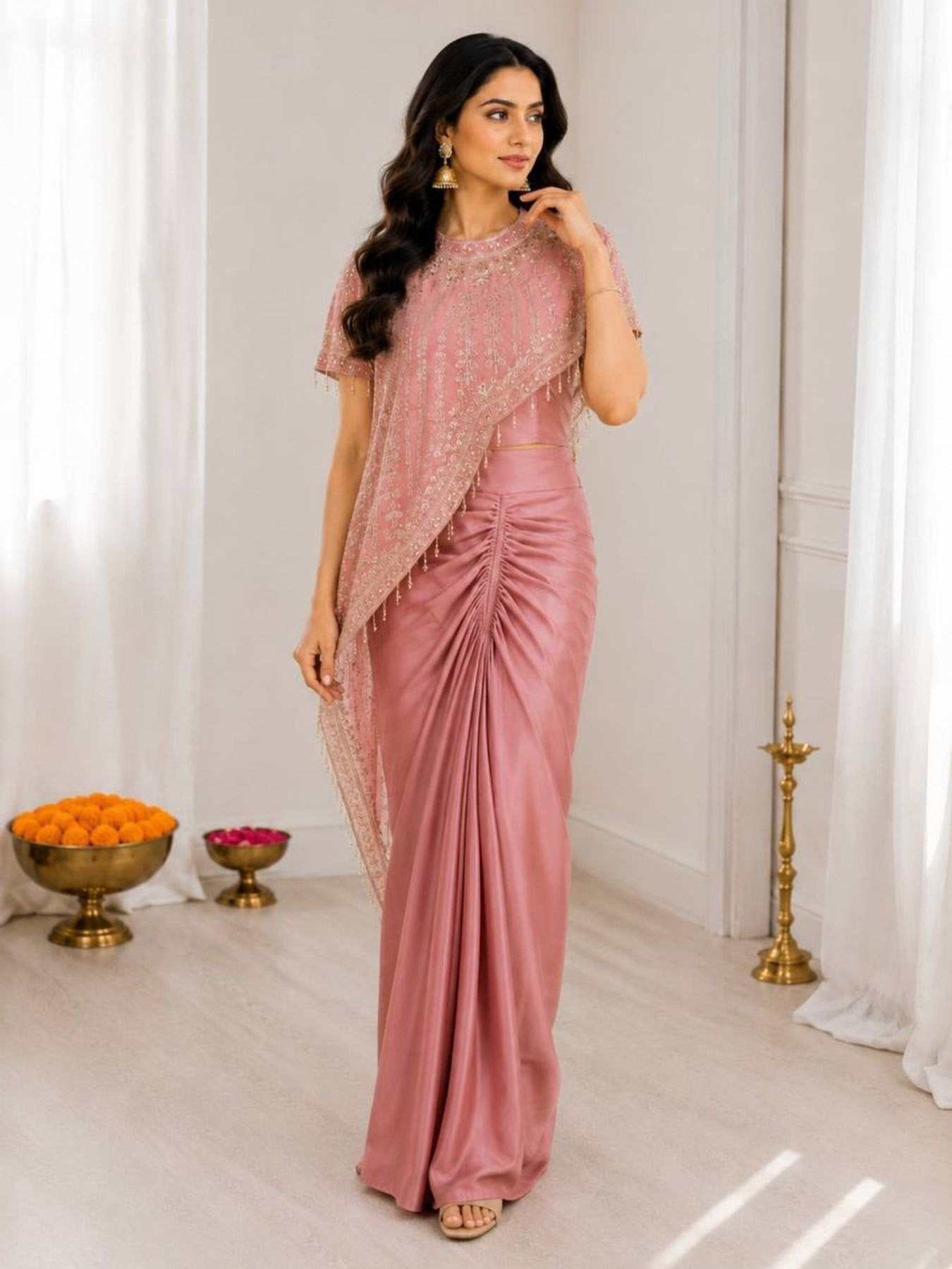 Peach Crepe Silk Dhoti Koti Set with Embroidered Sequins Work for Women