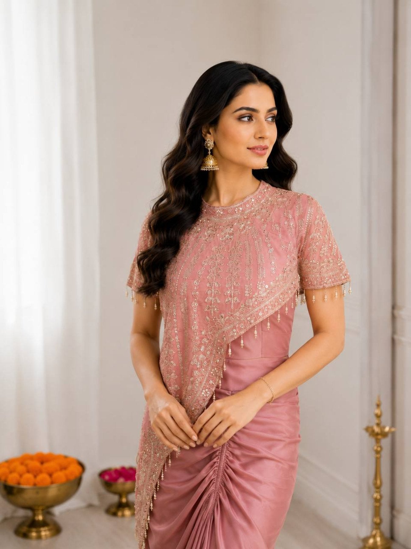 Peach Crepe Silk Dhoti Koti Set with Embroidered Sequins Work for Women