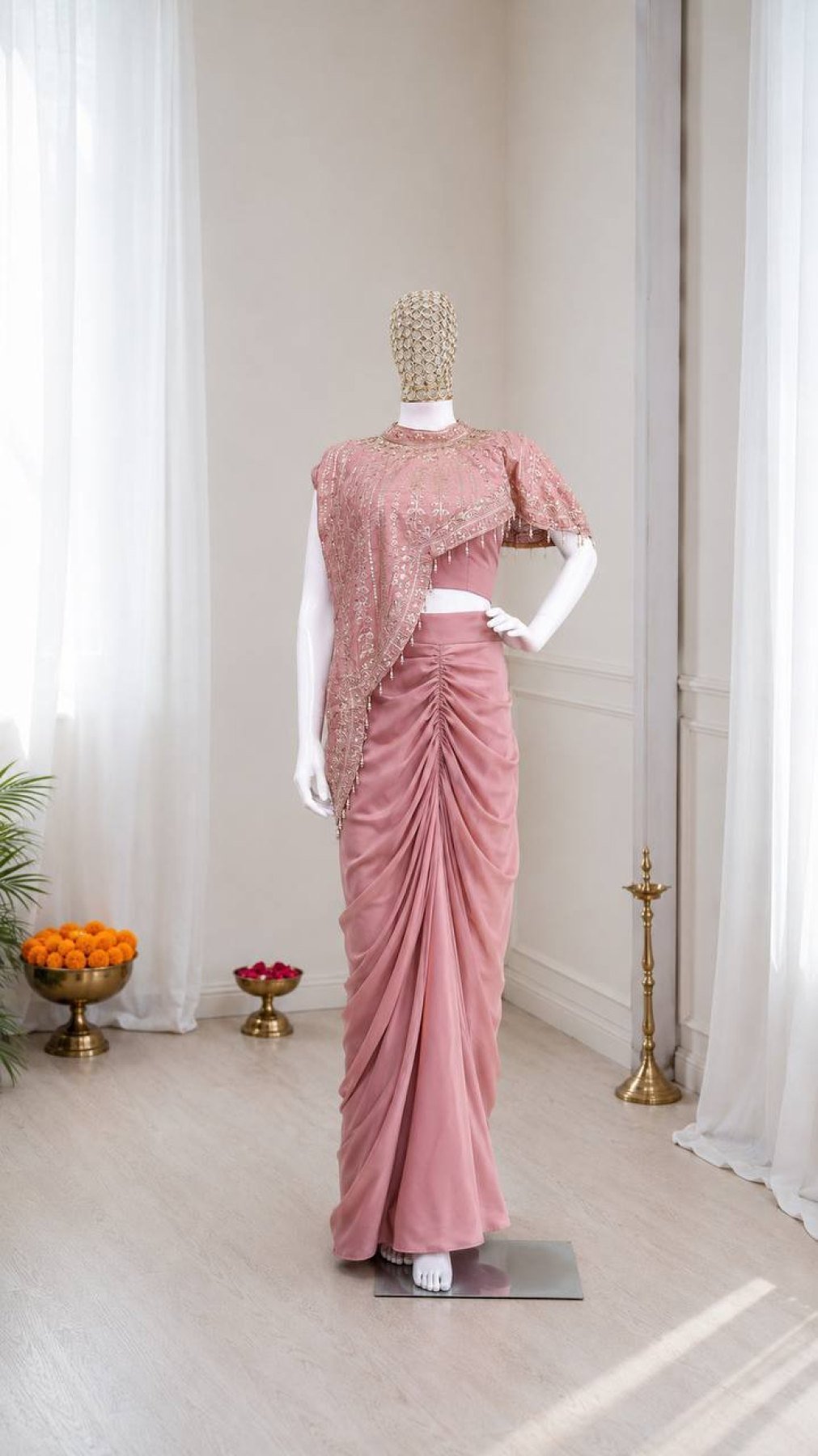 Peach Crepe Silk Dhoti Koti Set with Embroidered Sequins Work for Women