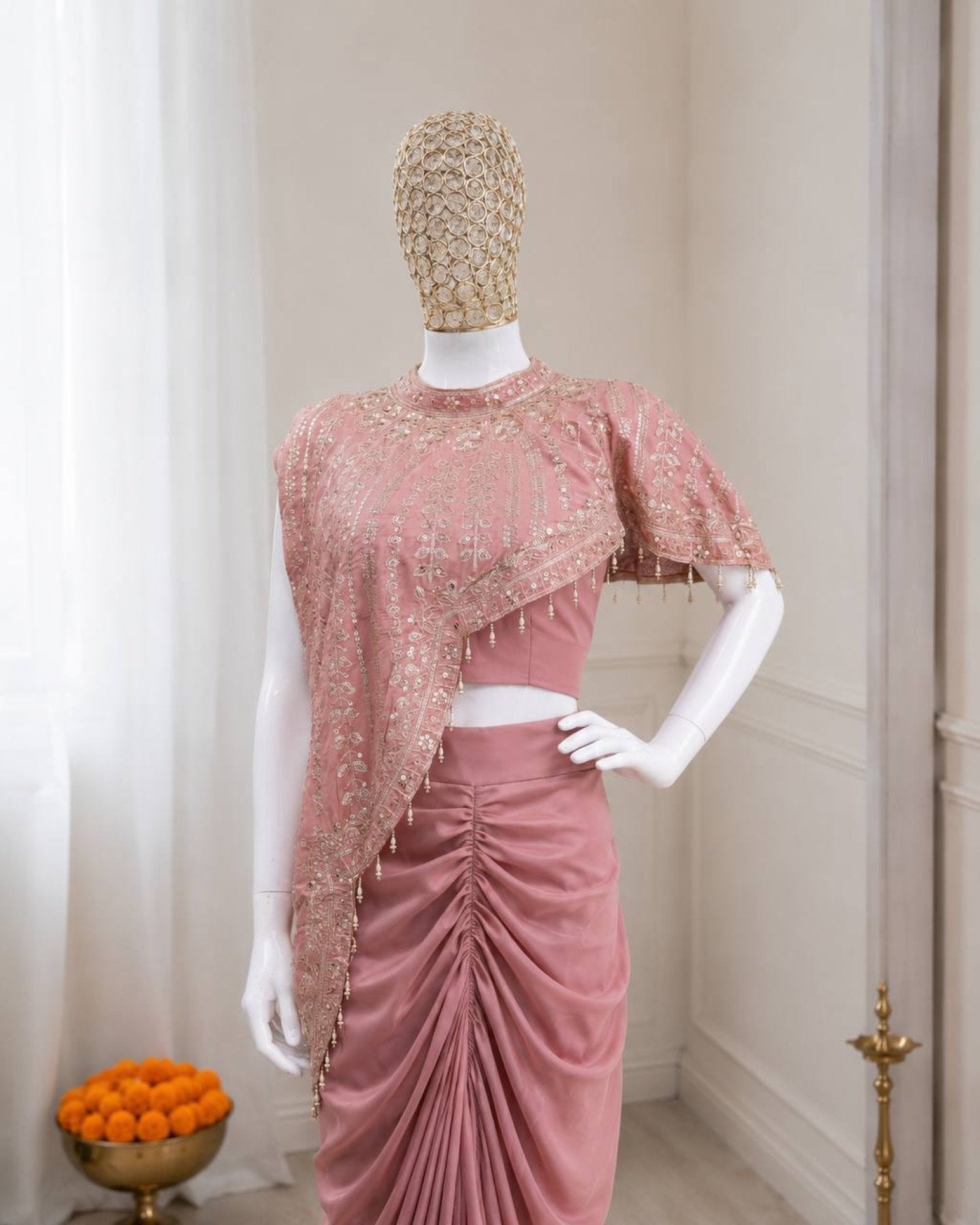 Peach Crepe Silk Dhoti Koti Set with Embroidered Sequins Work for Women