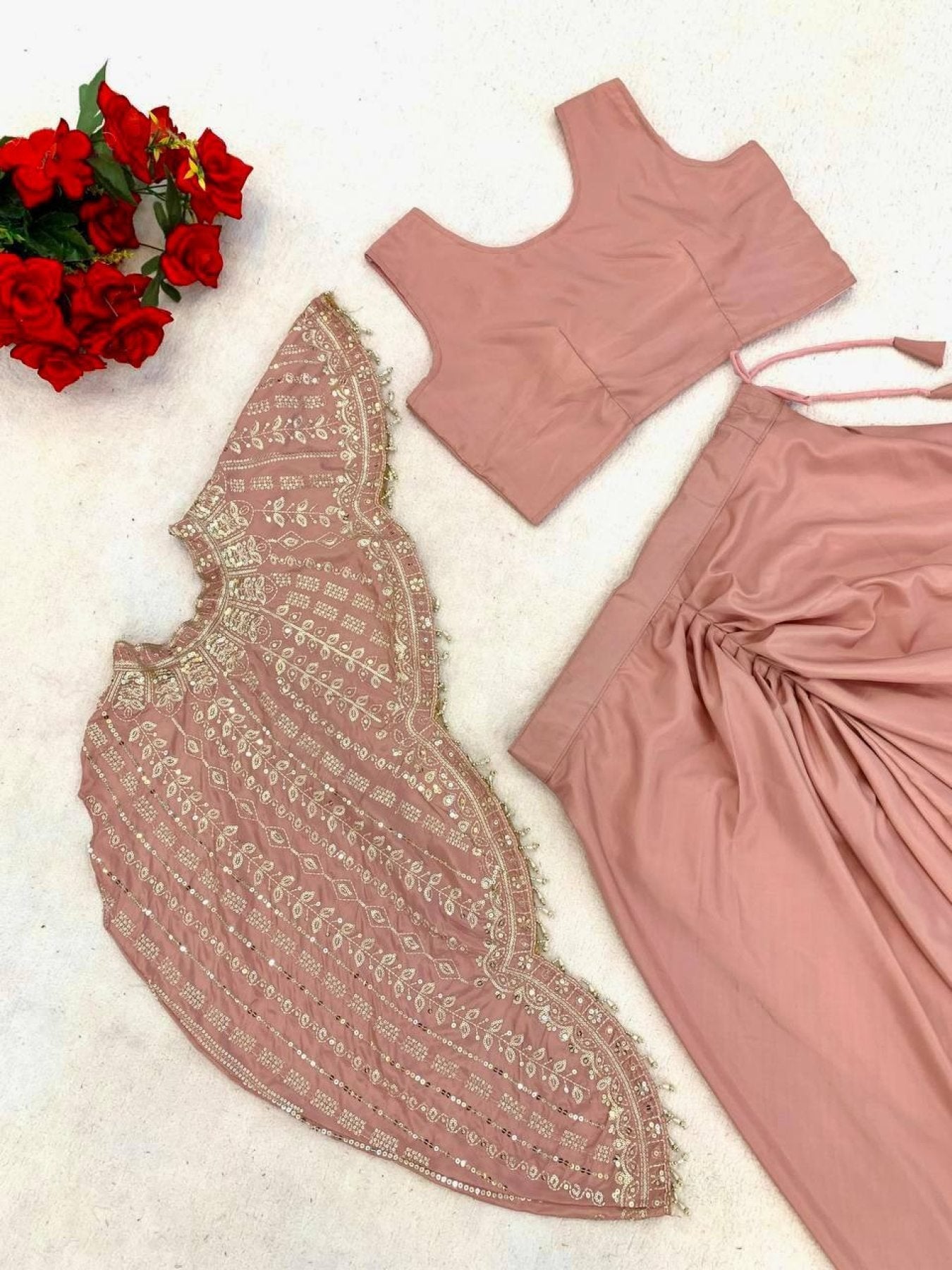 Peach Crepe Silk Dhoti Koti Set with Embroidered Sequins Work for Women