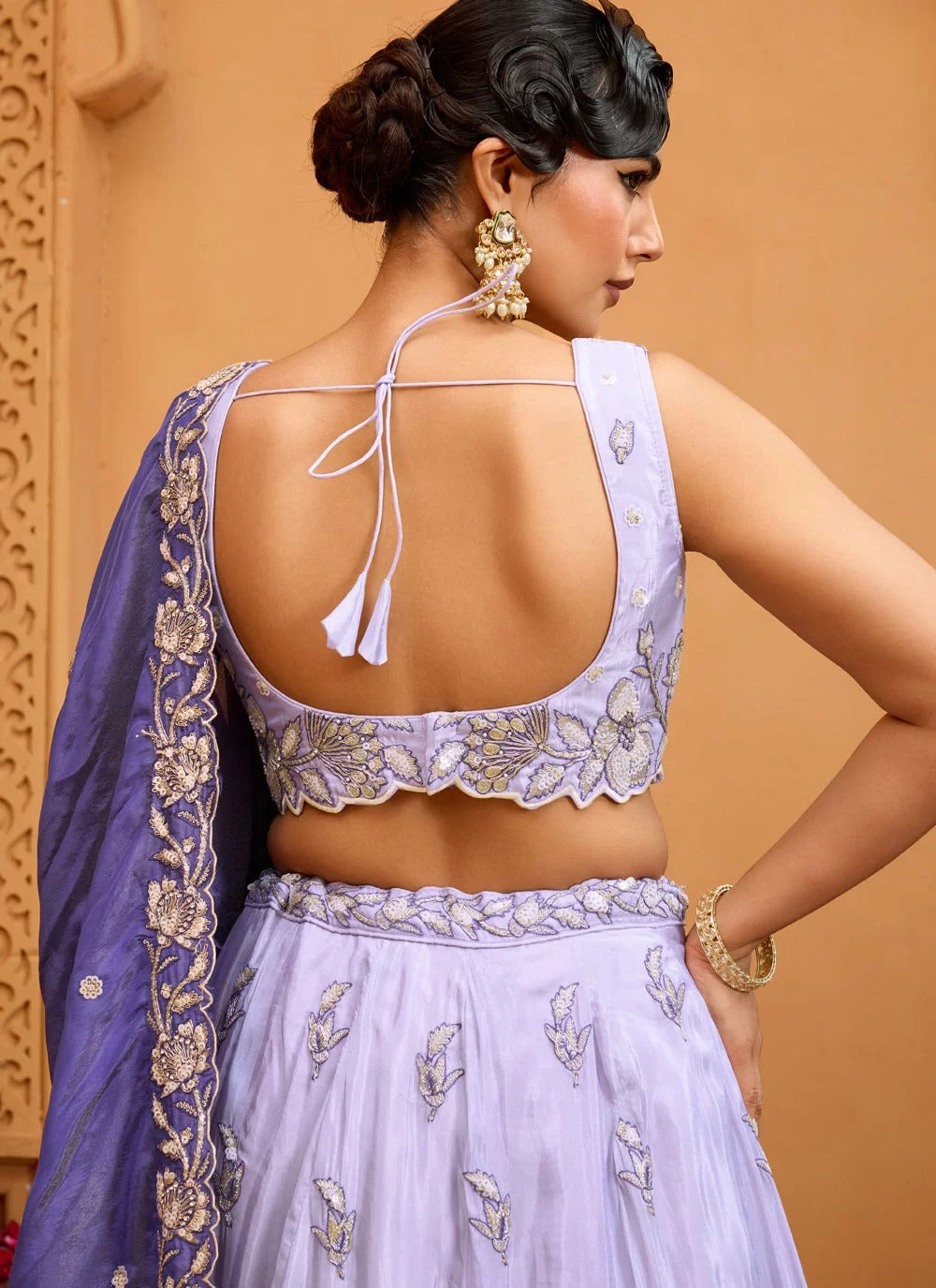 Ethereal lavender tissue bridesmaid lehenga with bead work