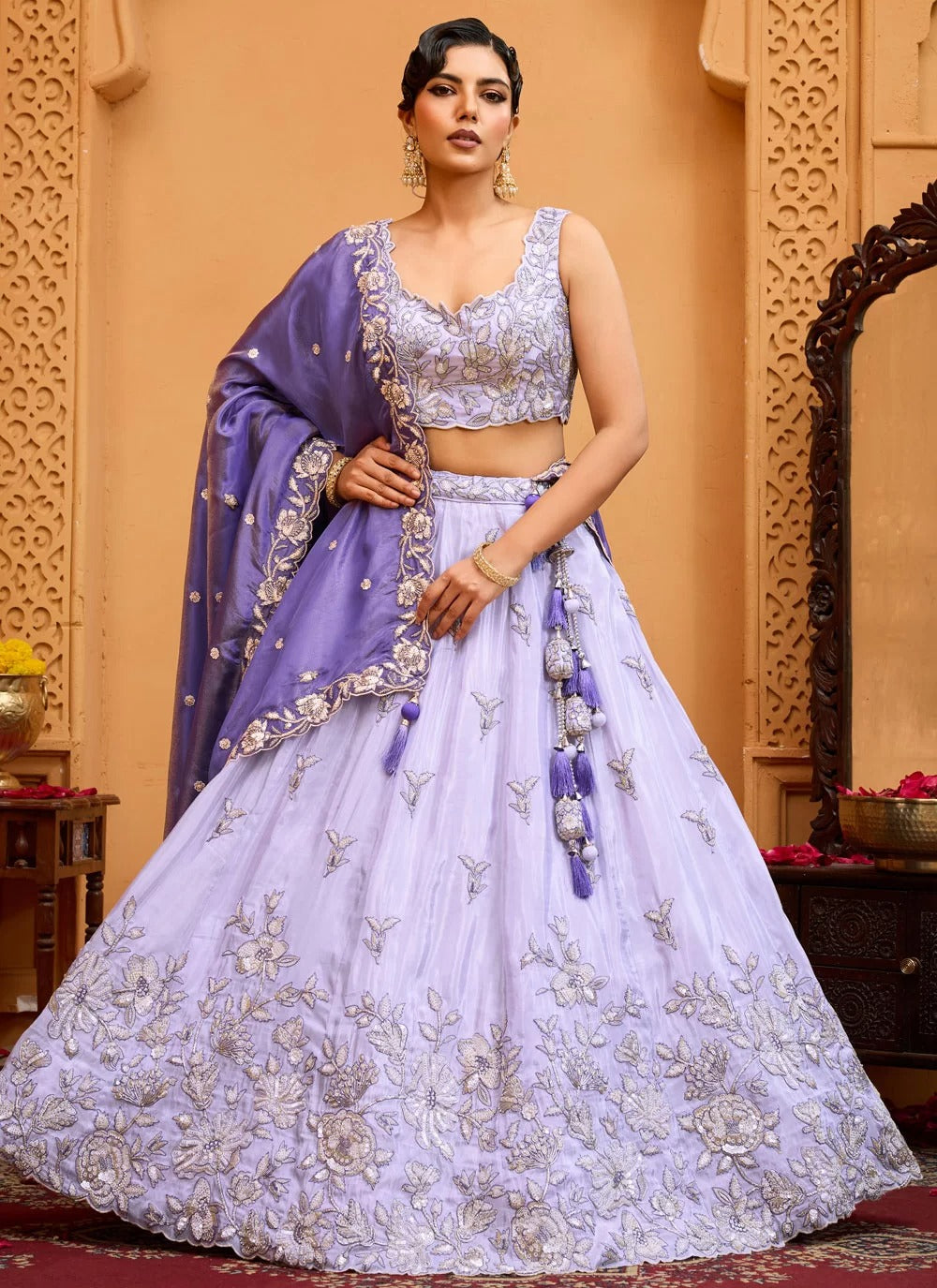 Ethereal lavender tissue bridesmaid lehenga with bead work