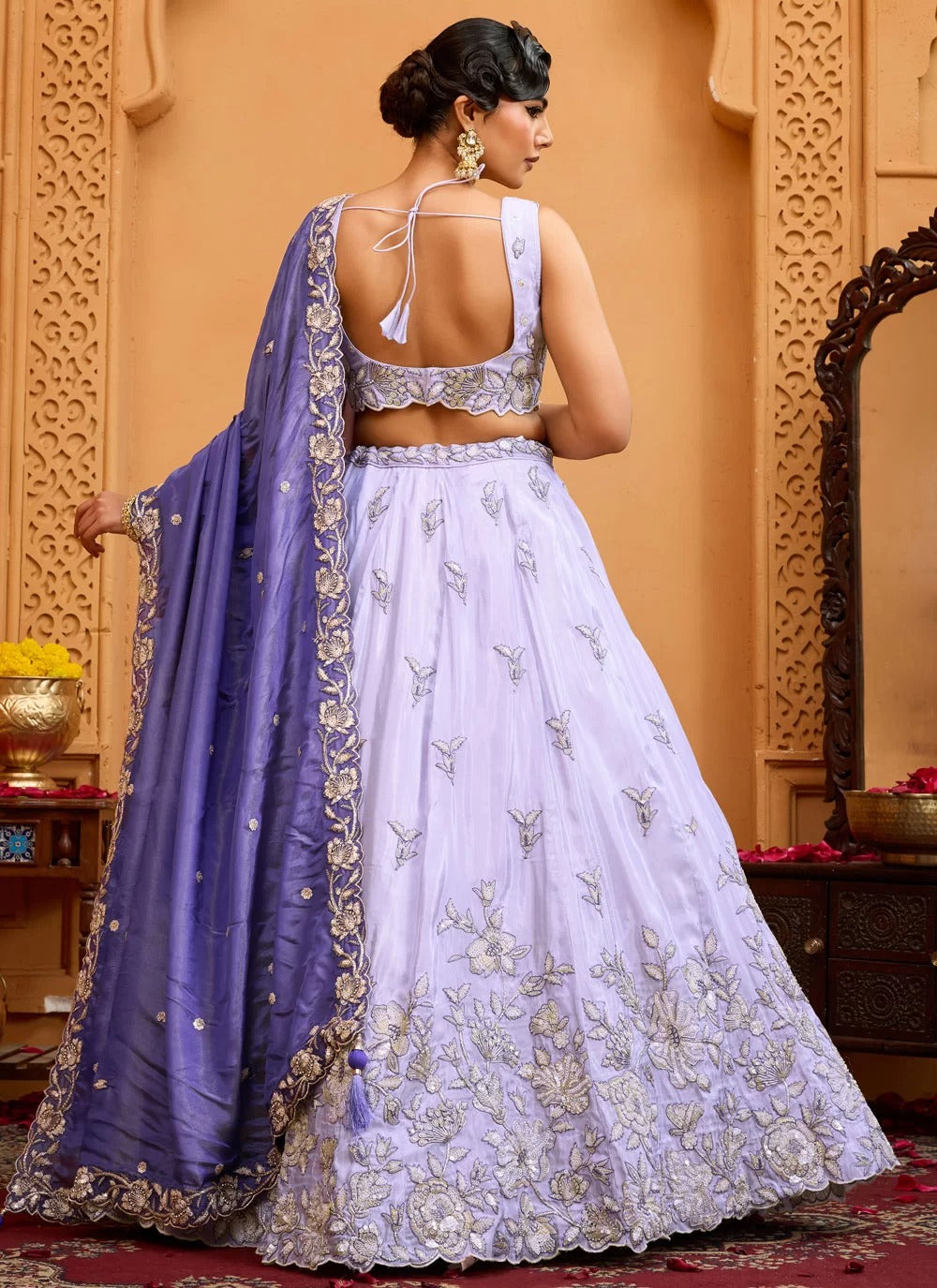Ethereal lavender tissue bridesmaid lehenga with bead work