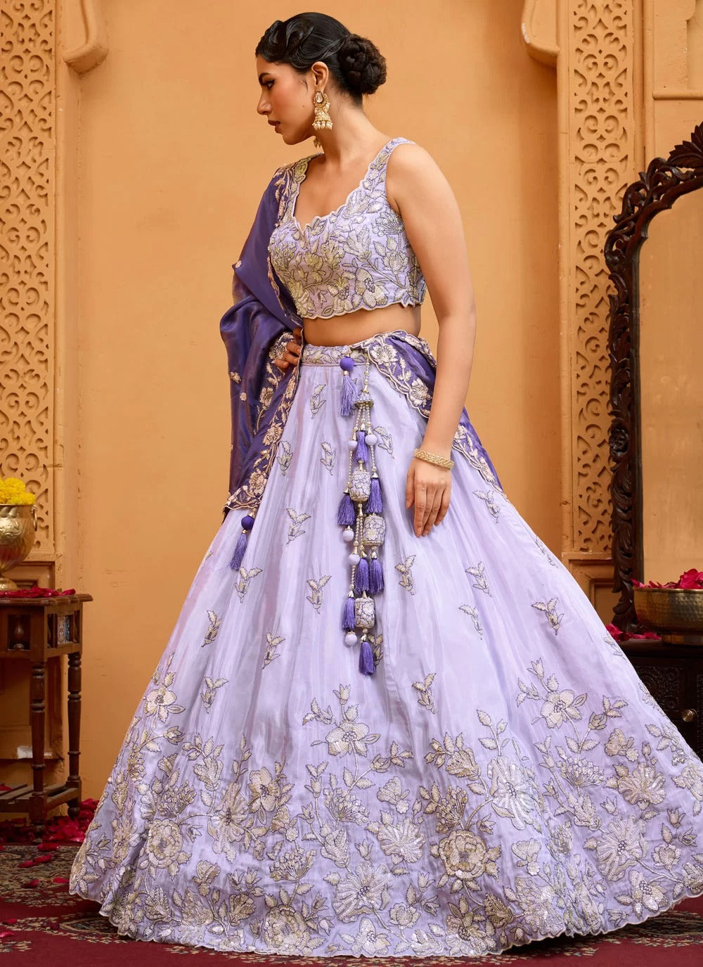 Ethereal lavender tissue bridesmaid lehenga with bead work
