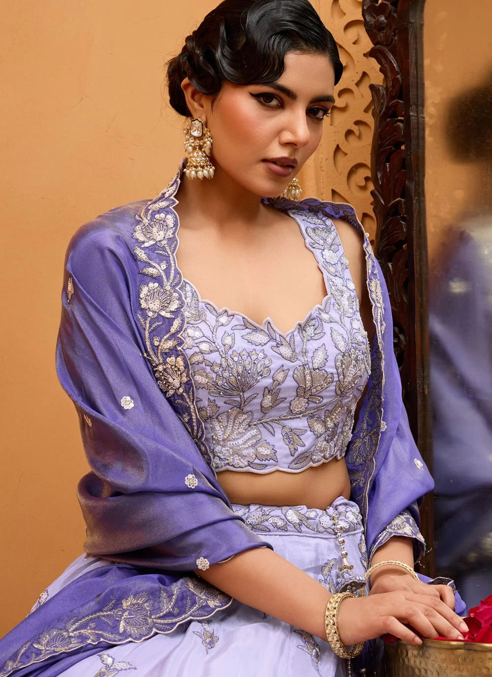 Ethereal lavender tissue bridesmaid lehenga with bead work