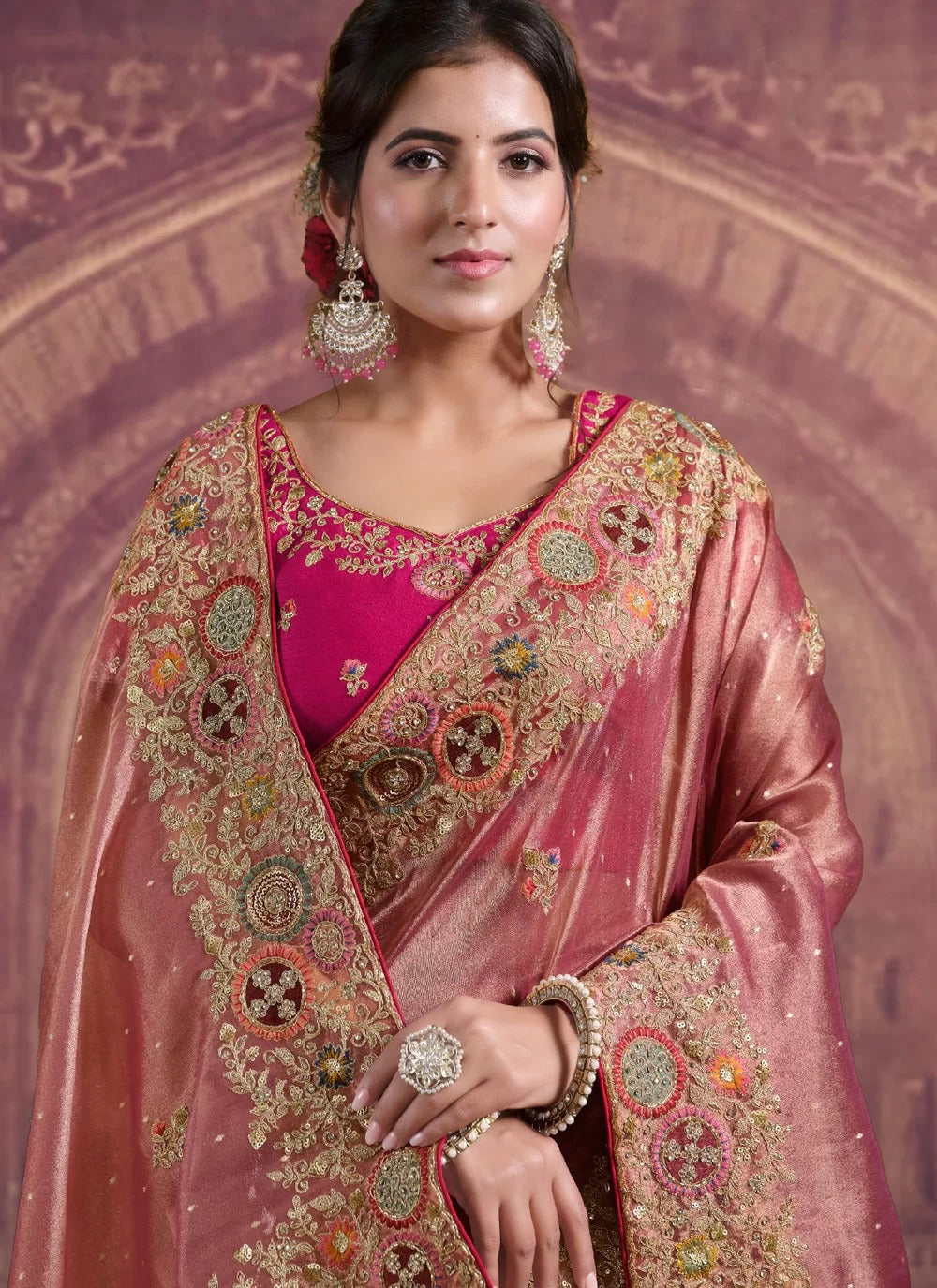 Ethereal peach zari organza silk wedding saree with khatli sequence work