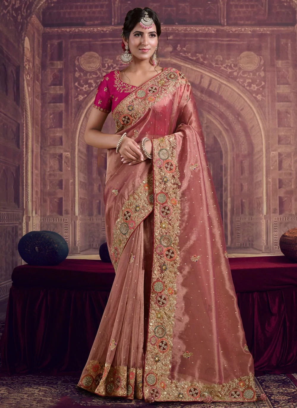 Ethereal peach zari organza silk wedding saree with khatli sequence work