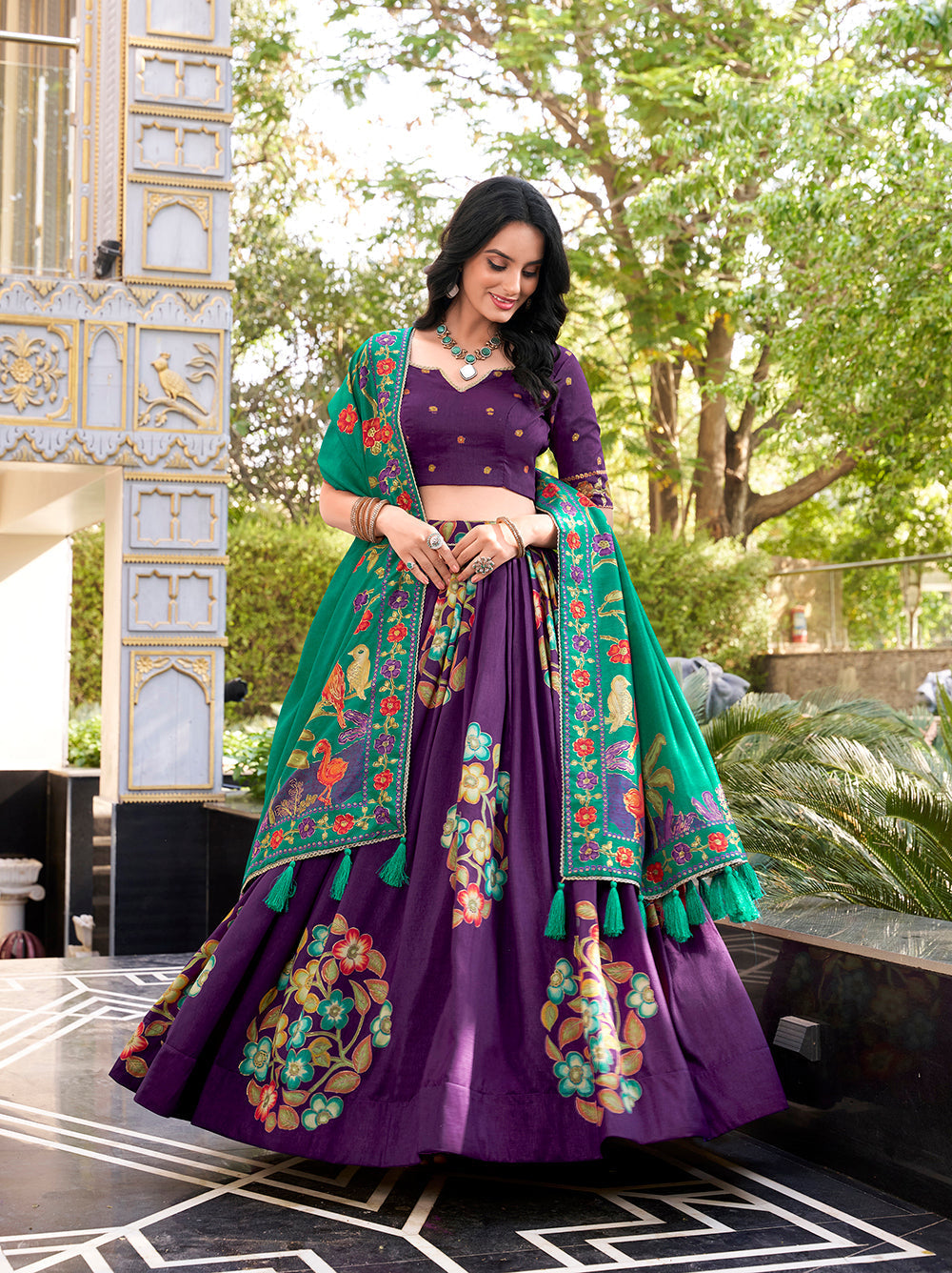 Regal purple tussar silk lehenga choli with foil print lace accents matching dupatta