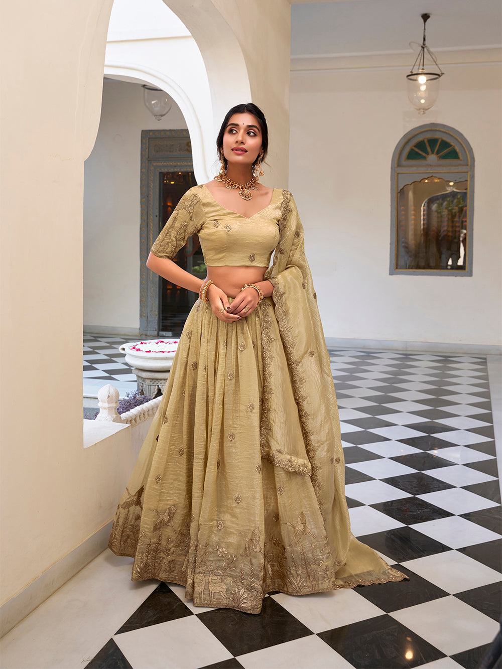 Off white gold crush lehenga choli with sequins embroidery scalloped lace dupatta