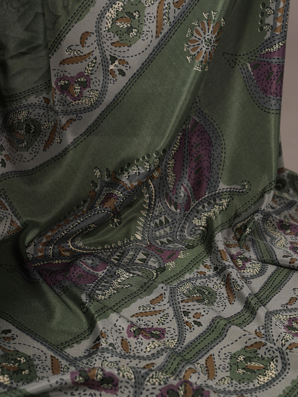 Mehendi color crepe saree with all over print matching blouse