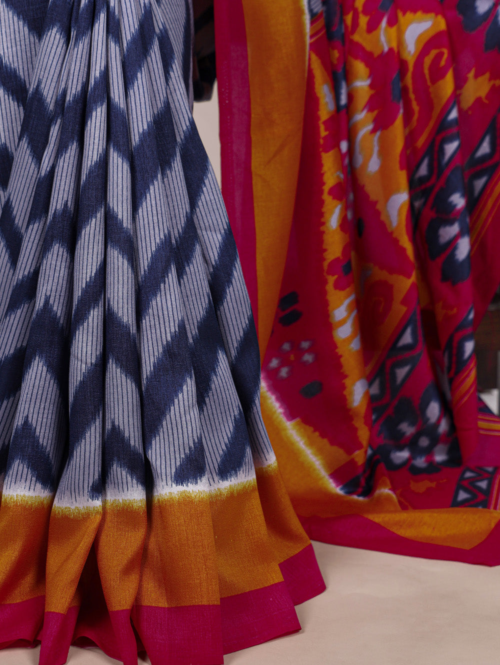 Blue printed tasar silk saree with matching blouse