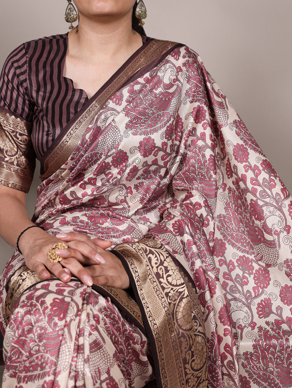 Pink color printed tasar silk saree with viscose border