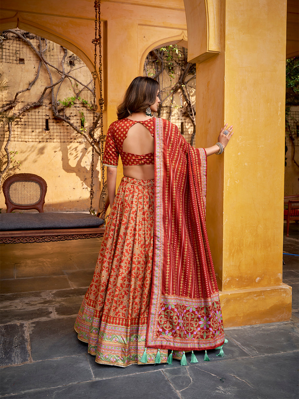Rust orange color tasar silk lehenga