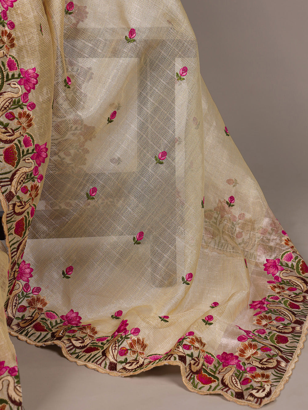 Gold zari kota tissue saree with floral thread embroidery and banglory blouse fabric