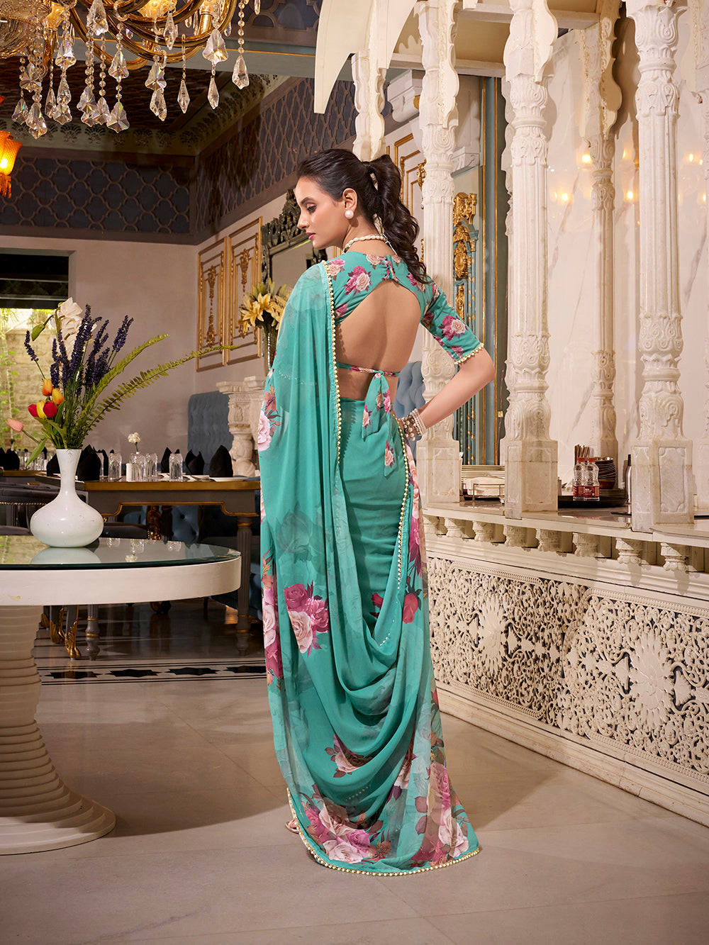 Green georgette printed saree with pearl lace border