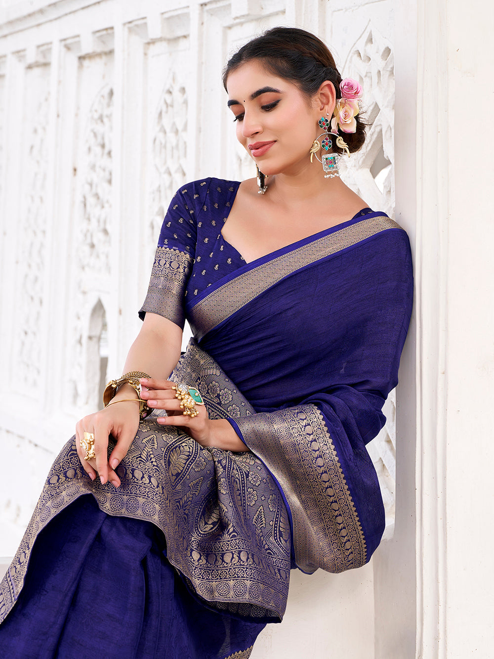 Navy blue self printed chinon saree with zari weaving unstitched blouse