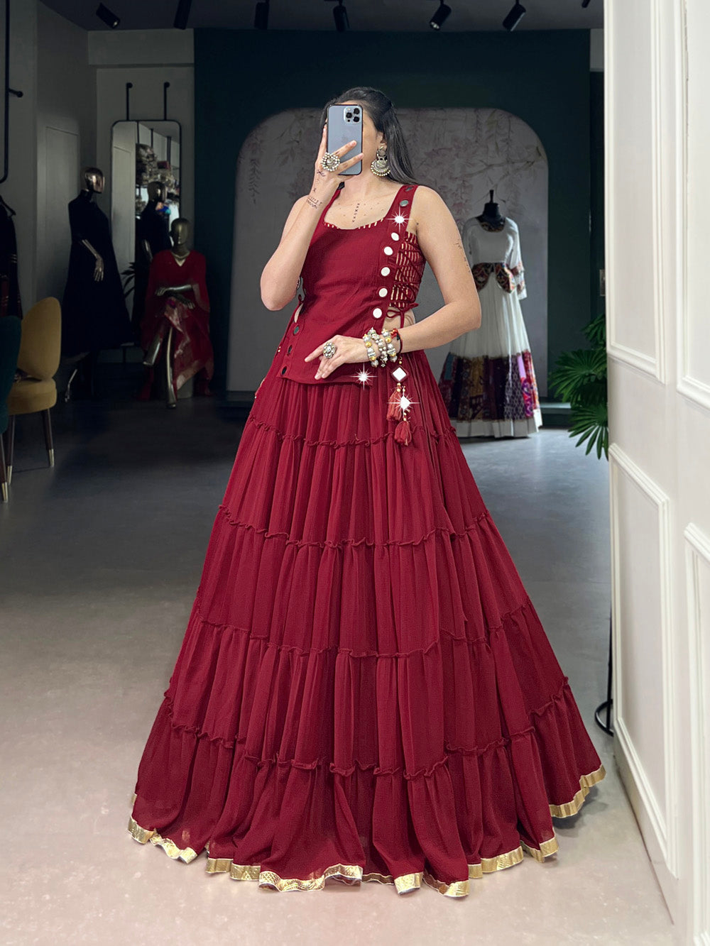 Red color embossed design lace border marbel chaniya choli