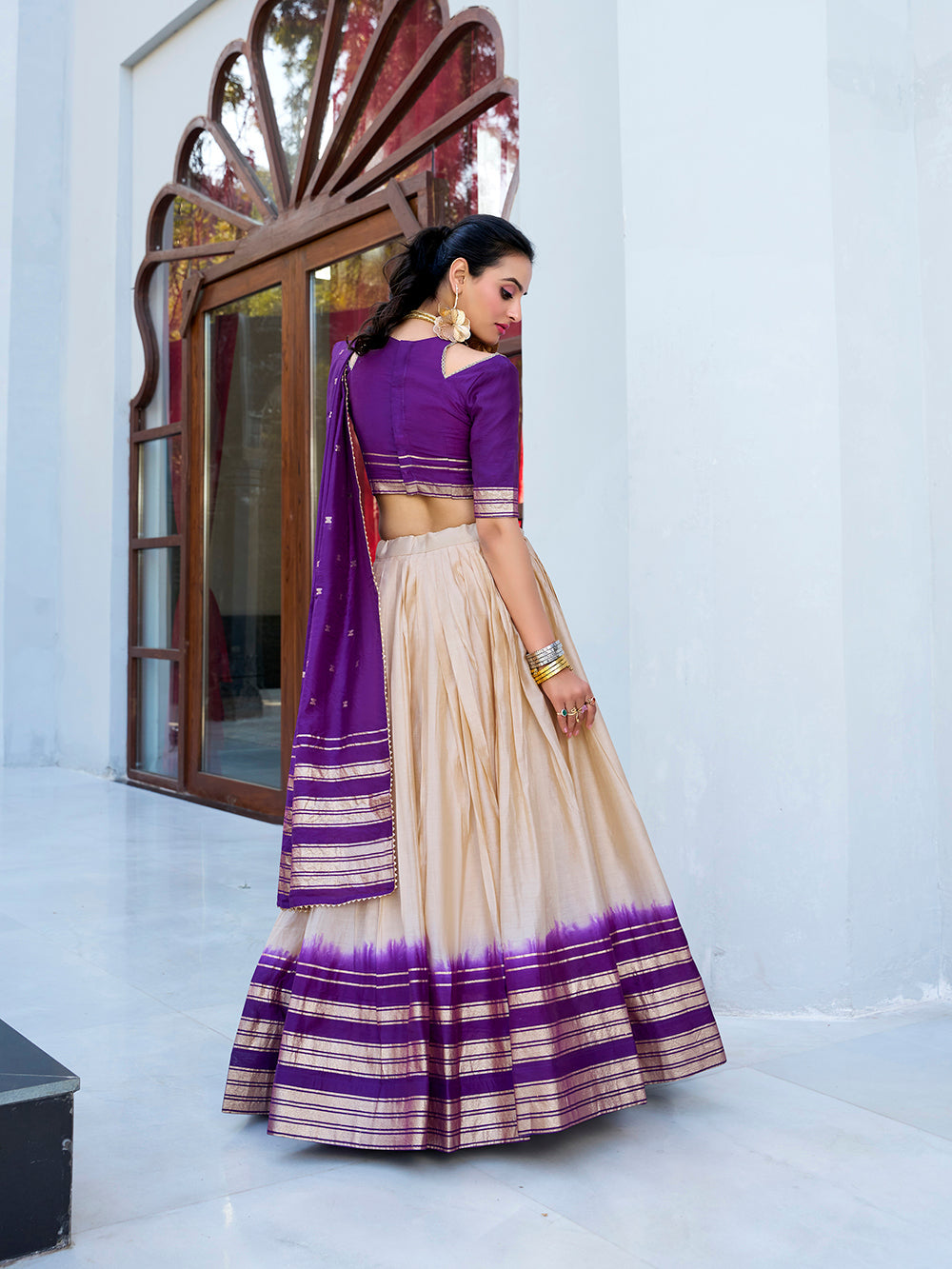 Cream color plain with zari weaving work border pure chanderi lehenga choli